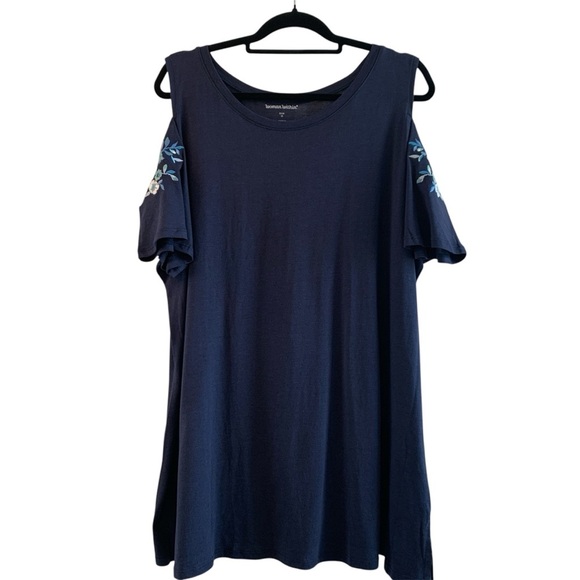 Woman Within Blue Cold Shoulder Floral Embroidered Sleeves Top Size 22/24 1X - Picture 1 of 6
